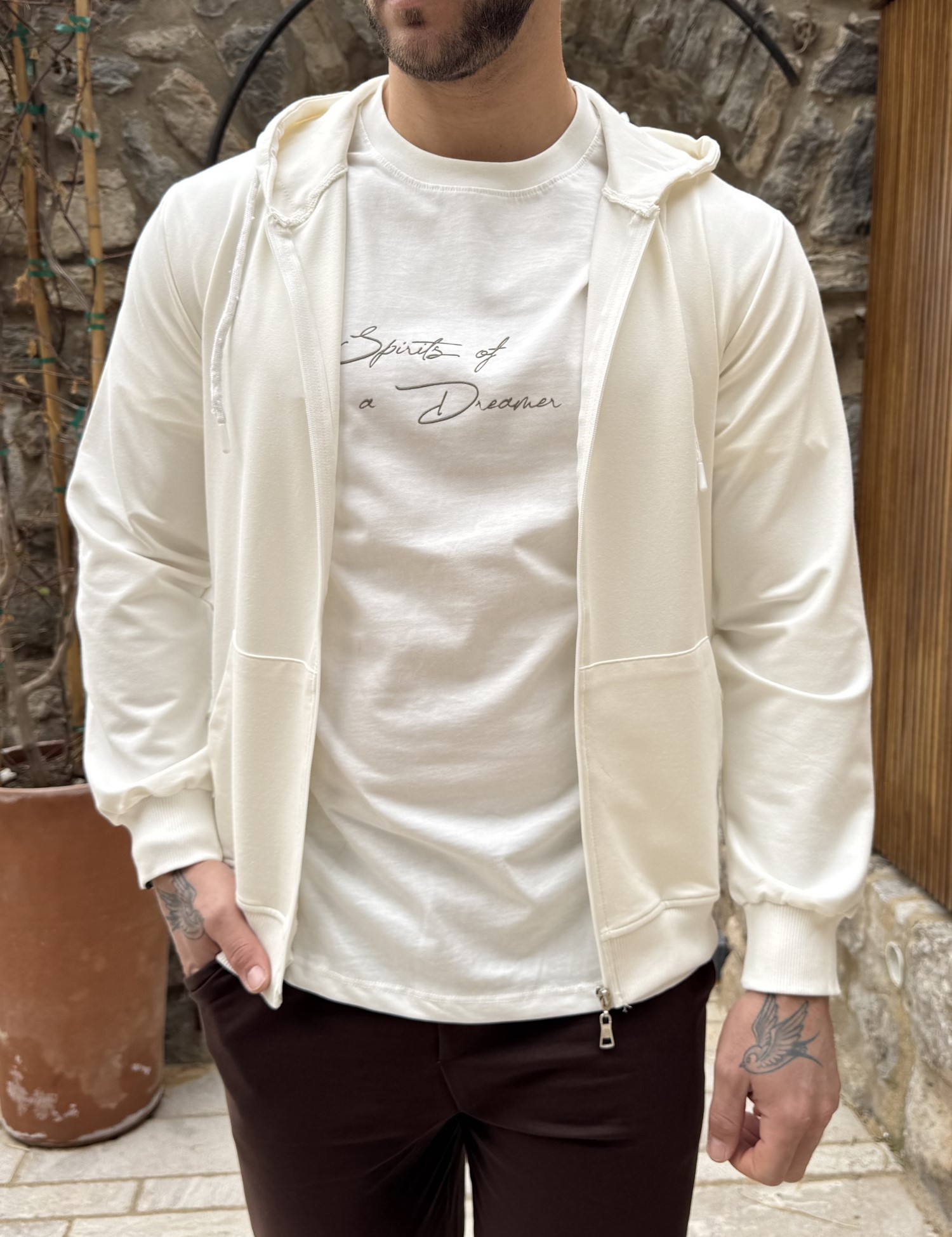 KEF Ανδρική λευκή βαμβακερή ζακέτα με κουκούλα KEF2630W